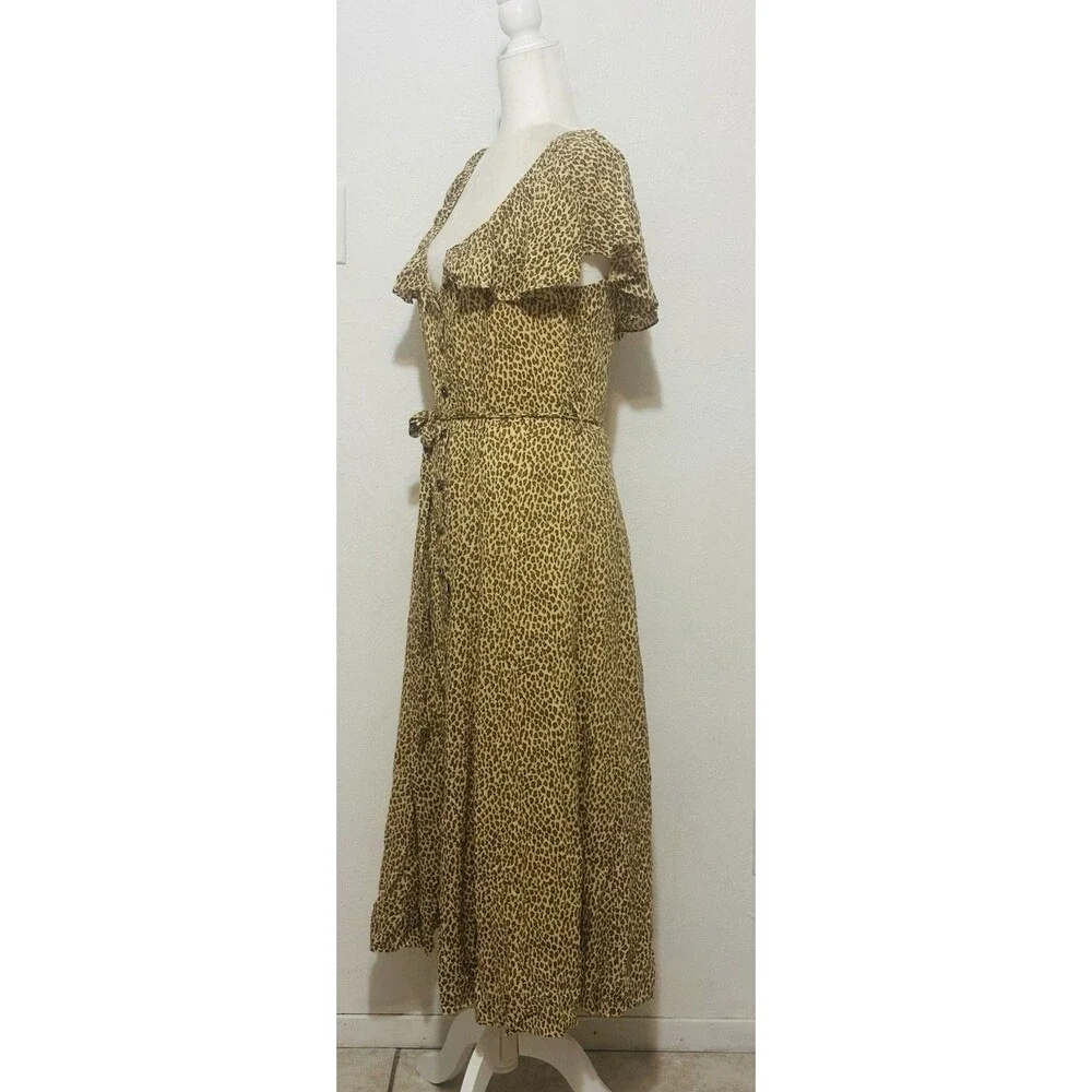 By Anthropologie Size 8 Bolano Leopard Print Midi Dress Ruffle Sleeve Tie Waist